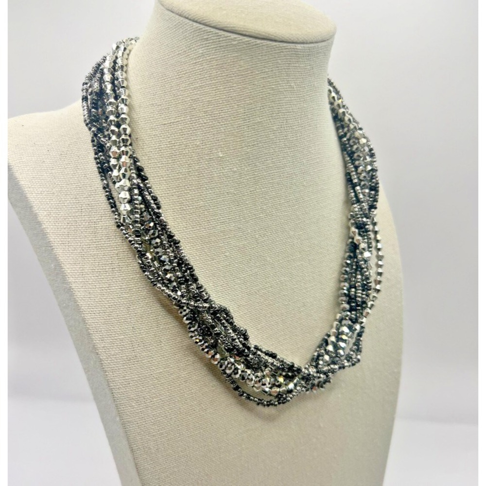 Black Silver Beaded Multi Strand Necklace w/ Magnetic Crystal Clasp